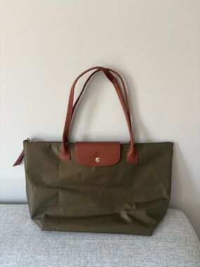 Foldable nylon Olive Green Tote with Brown handles